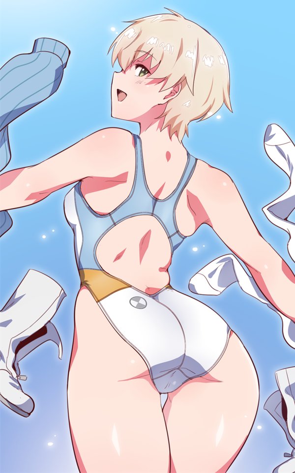 1girl, ass, blonde_hair, blue_background, boots_removed, competition_swimsuit, em_(totsuzen_no_hakike), from_behind