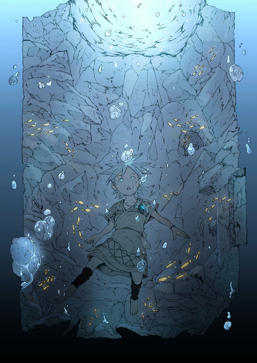 1boy, air_bubble, animal, barefoot, blue_eyes, blue_hair, blue_theme, bracelet