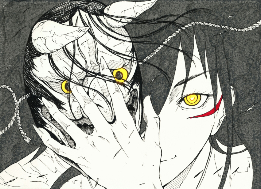 1boy, black_hair, closed_mouth, crack, eyebrows_visible_through_hair, face, facial_mark, fingernails