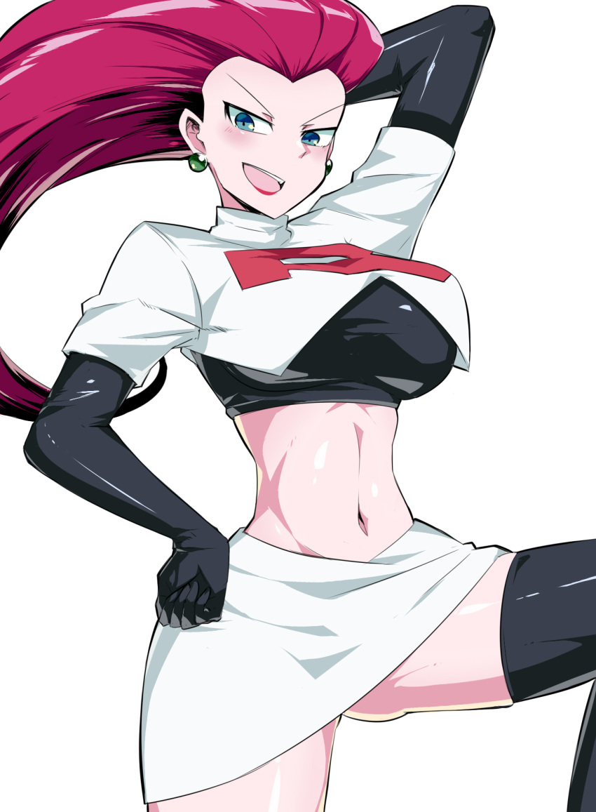1girl, :d, arm_up, black_footwear, black_gloves, blue_eyes, blush, boots, breasts, commentary, crop_top, earrings, elbow_gloves, gloves, green_earrings, hand_on_hip, highres, jewelry, lipstick, makeup, musashi_(pokemon), navel, open_mouth, pokemon, pokemon_(anime), red_lips, shimure_(460), shiny, shiny_skin, short_sleeves, simple_background, skirt, smile, solo, spread_legs, teeth, thigh-highs, thigh_boots, tongue, turtleneck, v-shaped_eyebrows, white_background, white_skirt