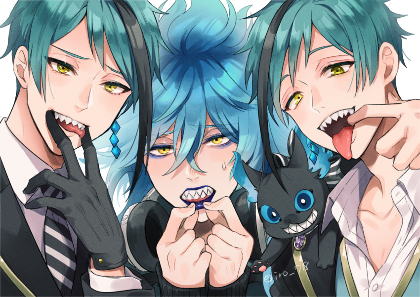 3boys, bangs, black_jacket, blue_hair, blue_lips, brothers, cat, collared_shirt