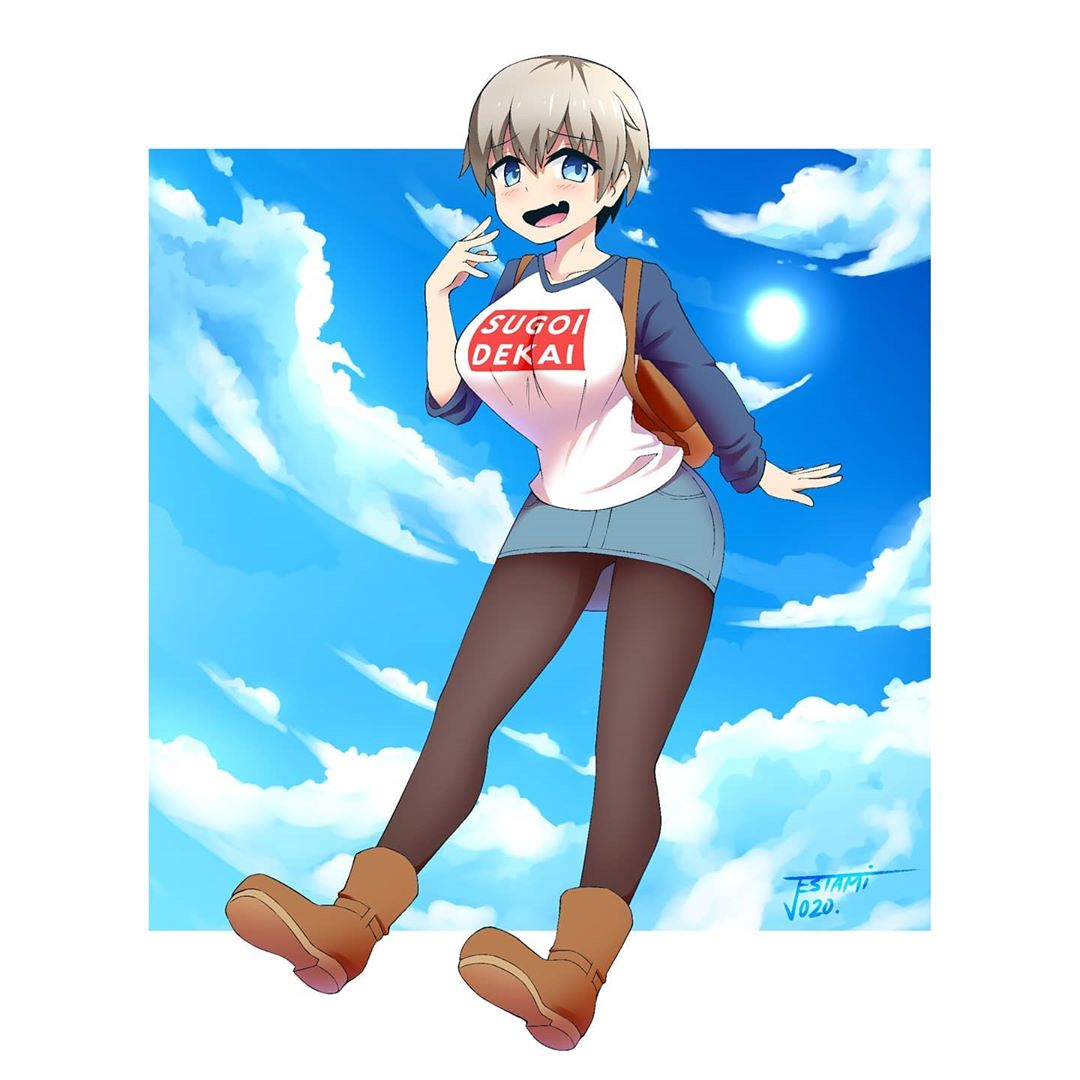 1girl, 2020, :d, backpack, bag, black_legwear, blue_sky, blush, boots, border, breasts, brown_footwear, clothes_writing, clouds, cloudy_sky, commentary, denim, denim_skirt, english_commentary, eyebrows_visible_through_hair, fang, full_body, grey_hair, hair_between_eyes, jestami, large_breasts, looking_at_viewer, open_mouth, outside_border, pantyhose, raglan_sleeves, romaji_text, shirt, short_hair, signature, skin_fang, skirt, sky, smile, solo, sugoi_dekai, sun, uzaki-chan_wa_asobitai!, uzaki_hana, white_border