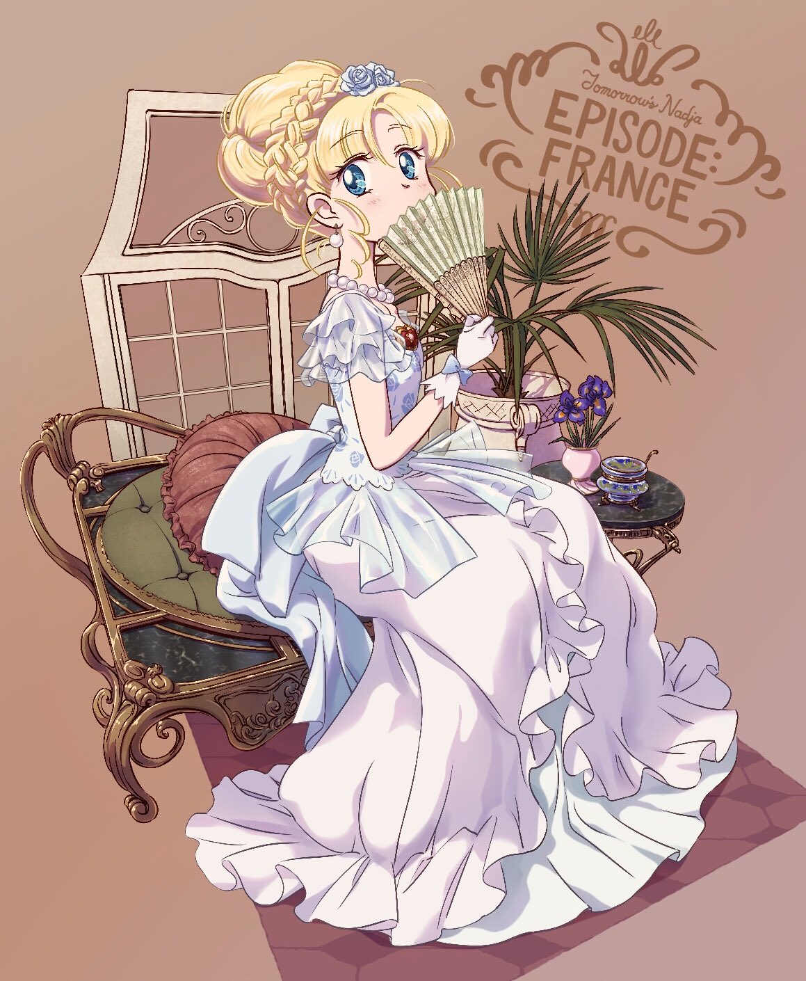 1girl, ashita_no_nadja, bangs, blue_eyes, blue_flower, blue_rose, braid, brooch