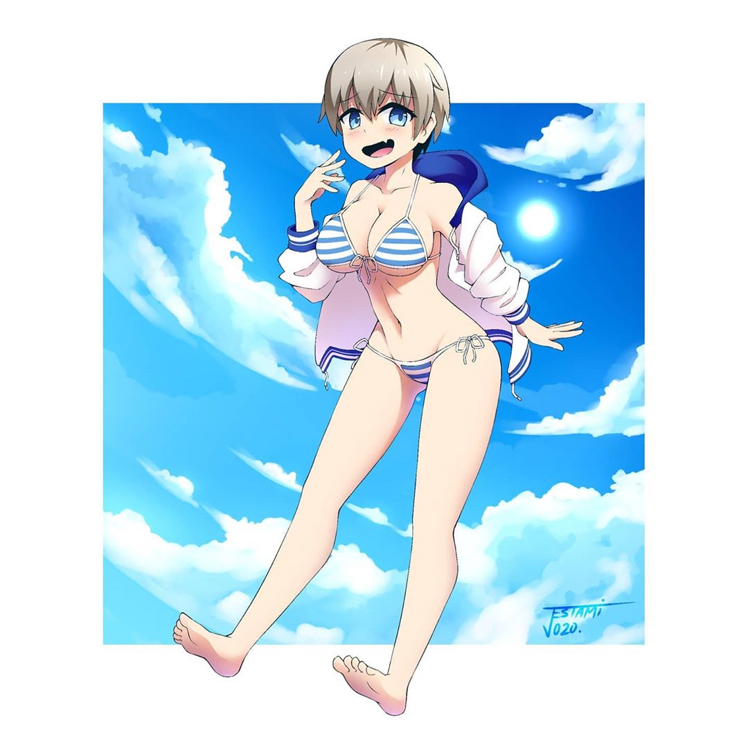 1girl, 2020, :d, bare_shoulders, barefoot, bikini, blue_sky, blush
