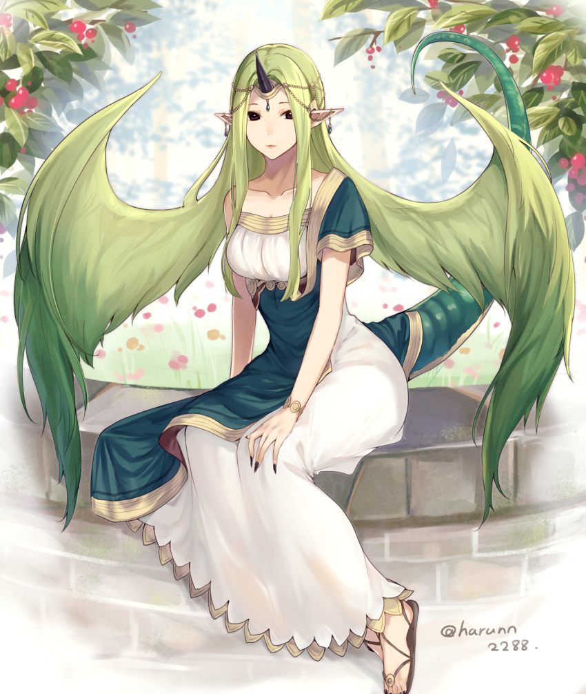 1girl, closed_mouth, dress, fire_emblem, fire_emblem_echoes:_shadows_of_valentia, grass, green_hair, hair_wings