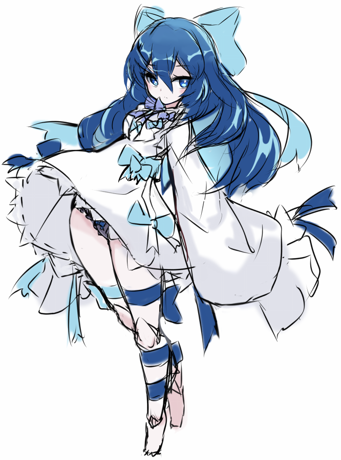 1girl, bangs, barefoot, black_panties, blue_bow, blue_eyes, blue_hair, bow