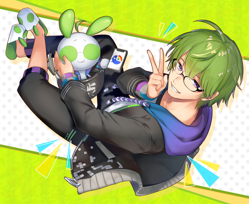1boy, absurdres, ahoge, animal_ears, ayamori_mimi, commentary_request, full_body, green_hair