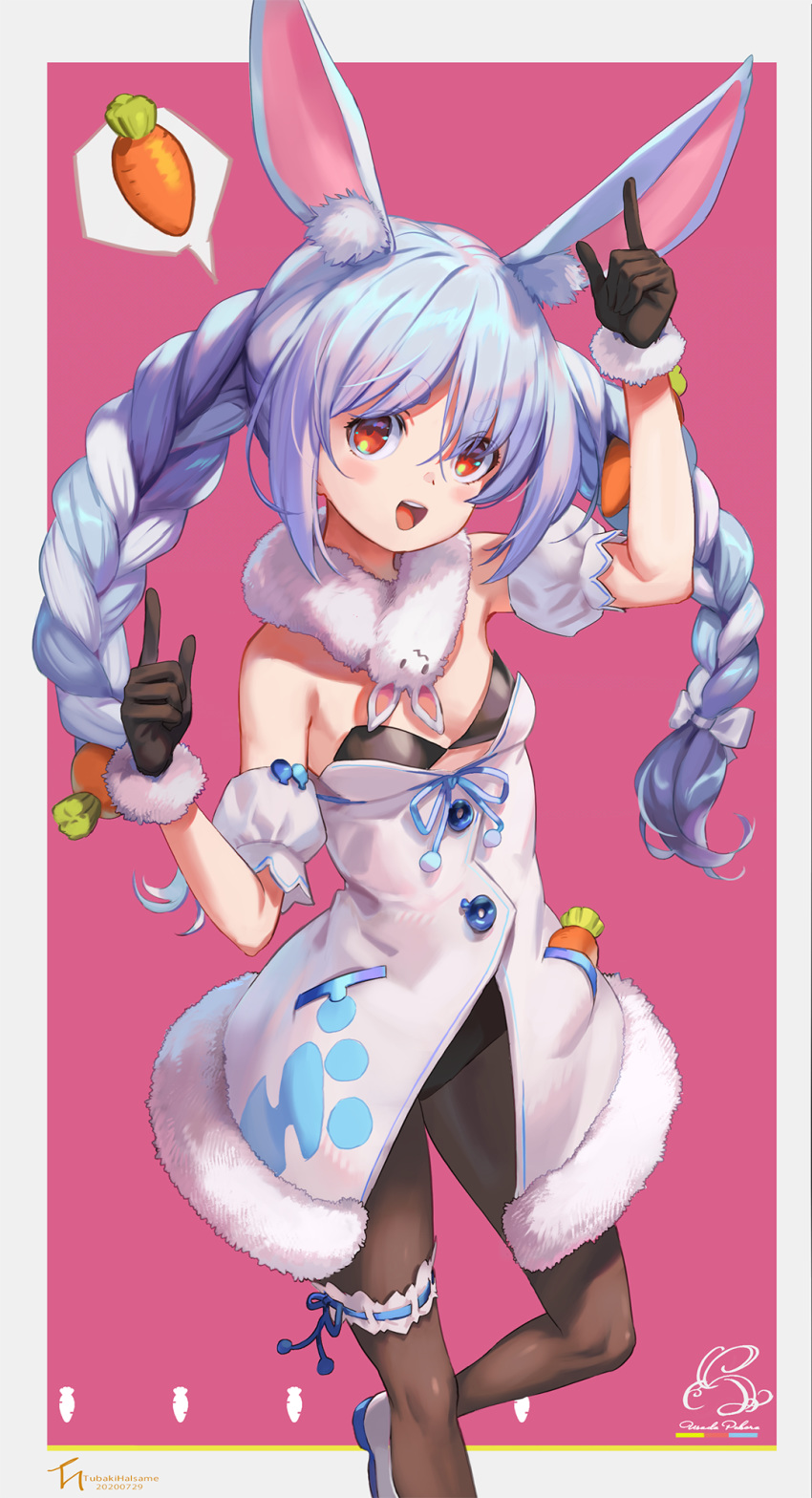 1girl, animal_ears, arm_cuffs, arm_up, bangs, black_gloves, black_legwear, blue_hair