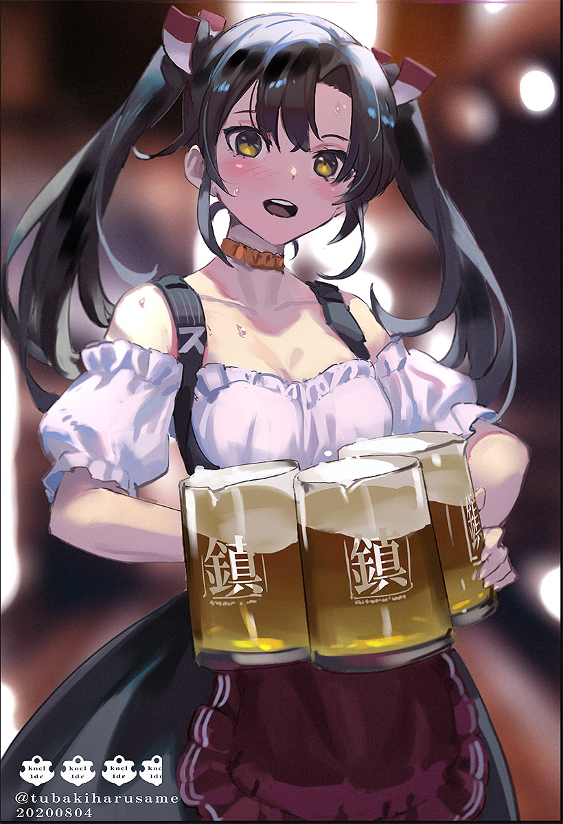 1girl, alcohol, alternate_costume, apron, bangs, beer, beer_mug, blurry