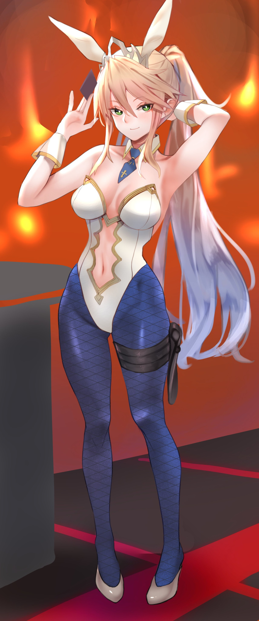1girl, absurdres, animal_ears, armpits, arms_up, artoria_pendragon_(all), artoria_pendragon_(swimsuit_ruler)_(fate), bare_shoulders