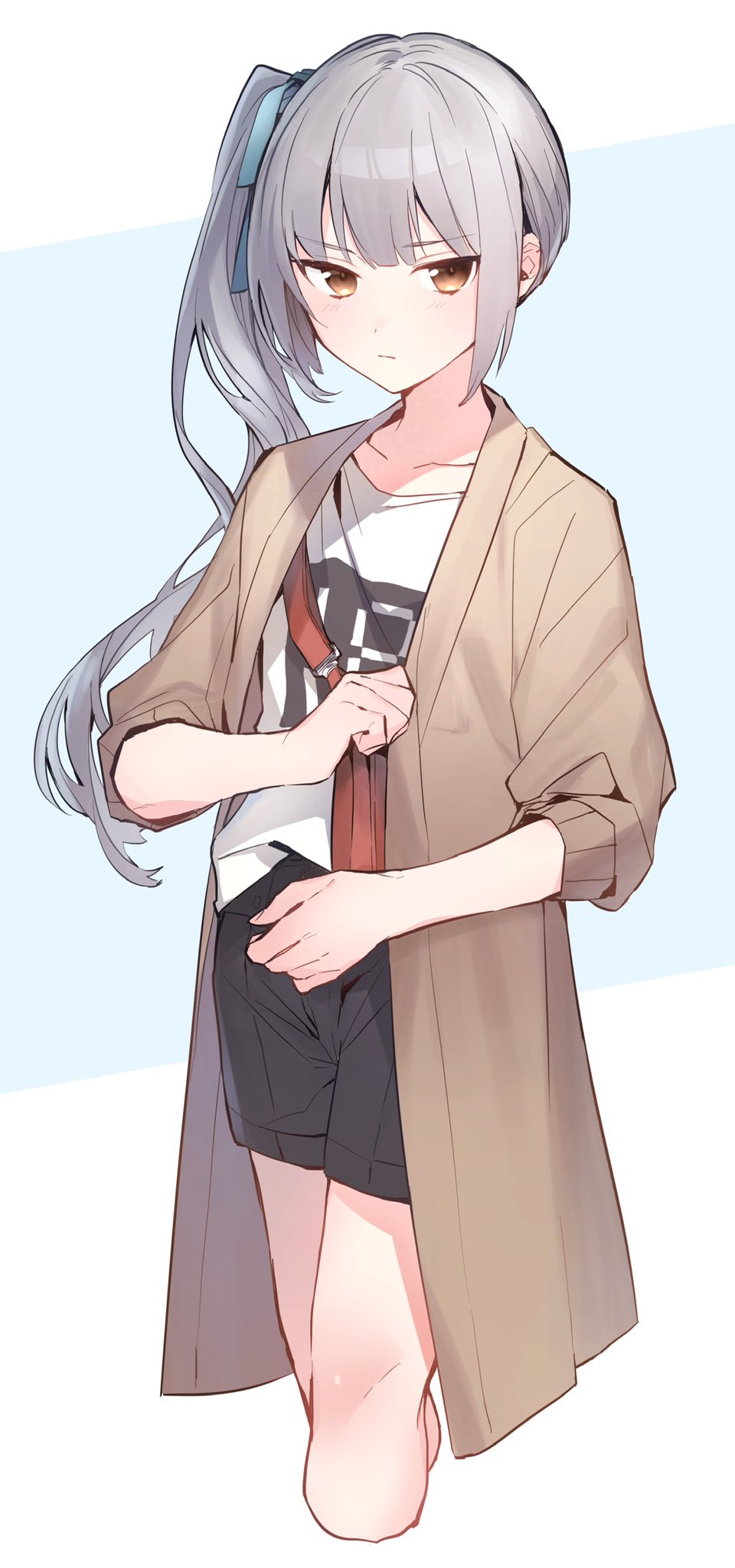 1girl, alternate_costume, bag, black_shorts, brown_coat, brown_eyes, casual, coat