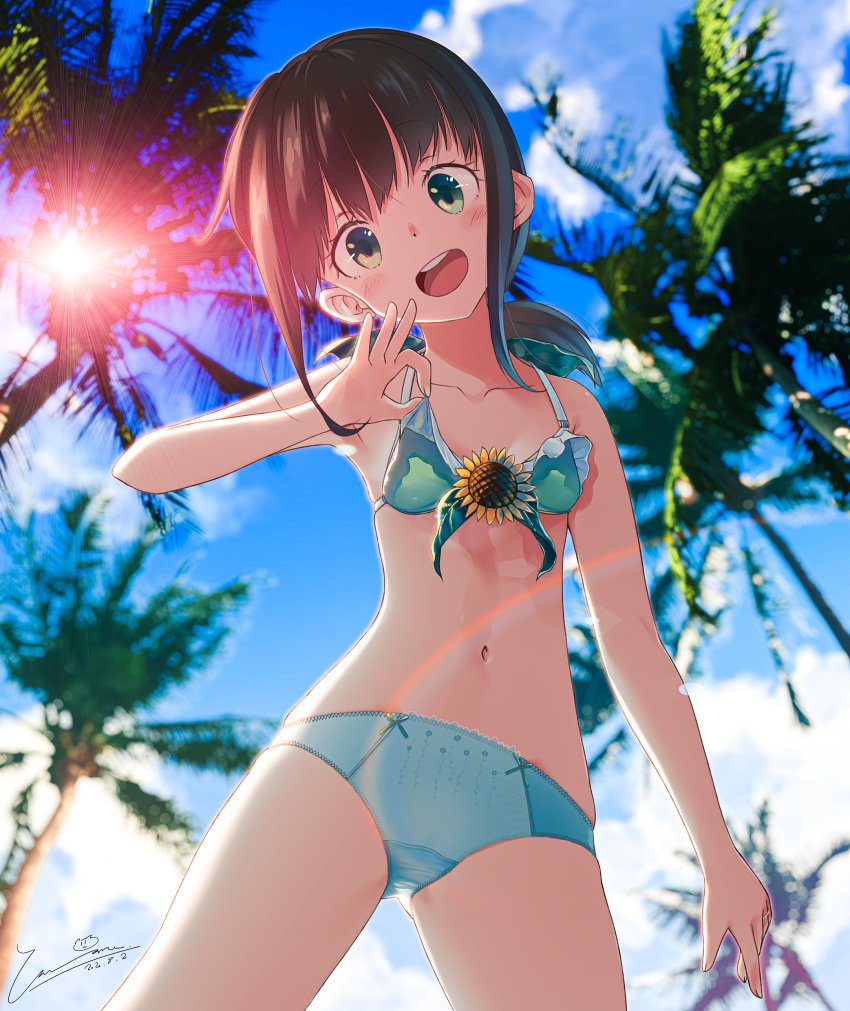 1girl, absurdres, bikini, black_hair, blue_sky, breasts, clouds, commentary_request