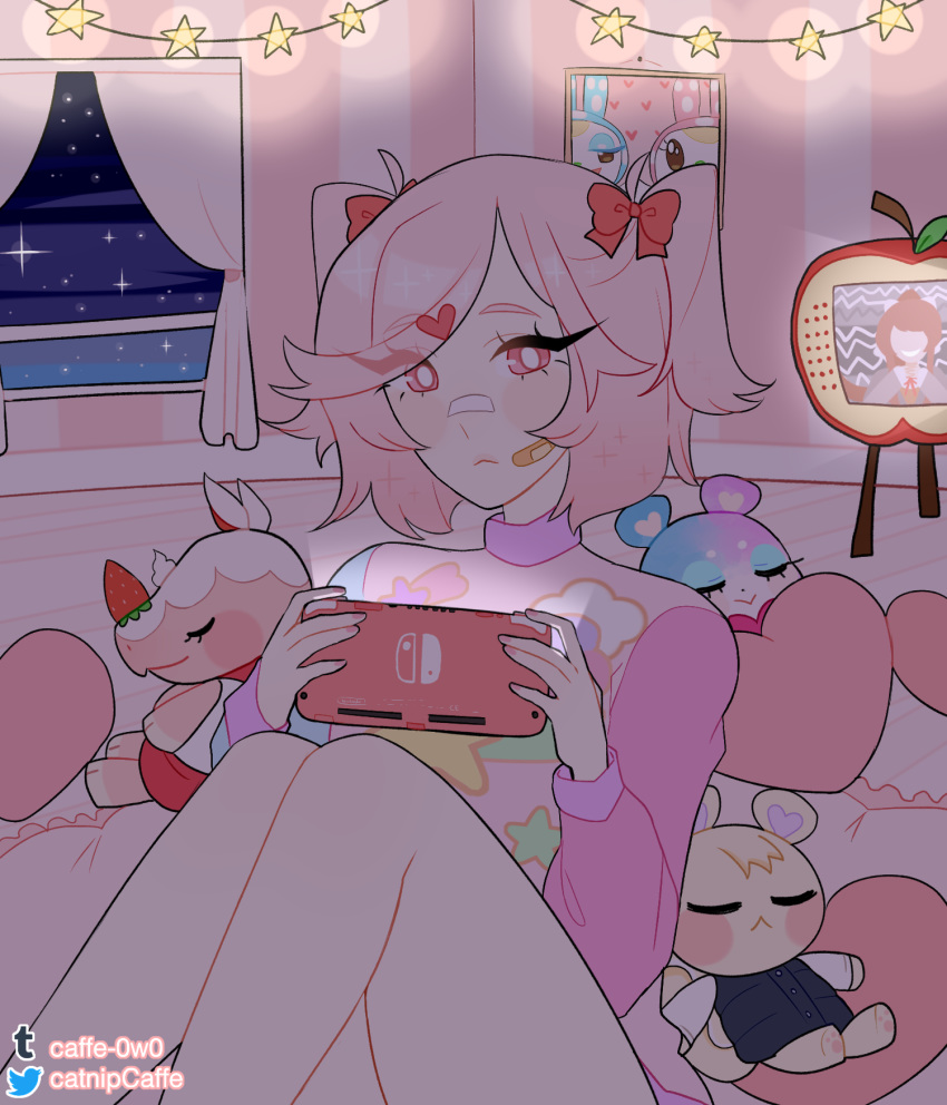 1girl, :<, alternate_costume, bandaid, bandaid_on_nose, bow, caffe0w0, casual
