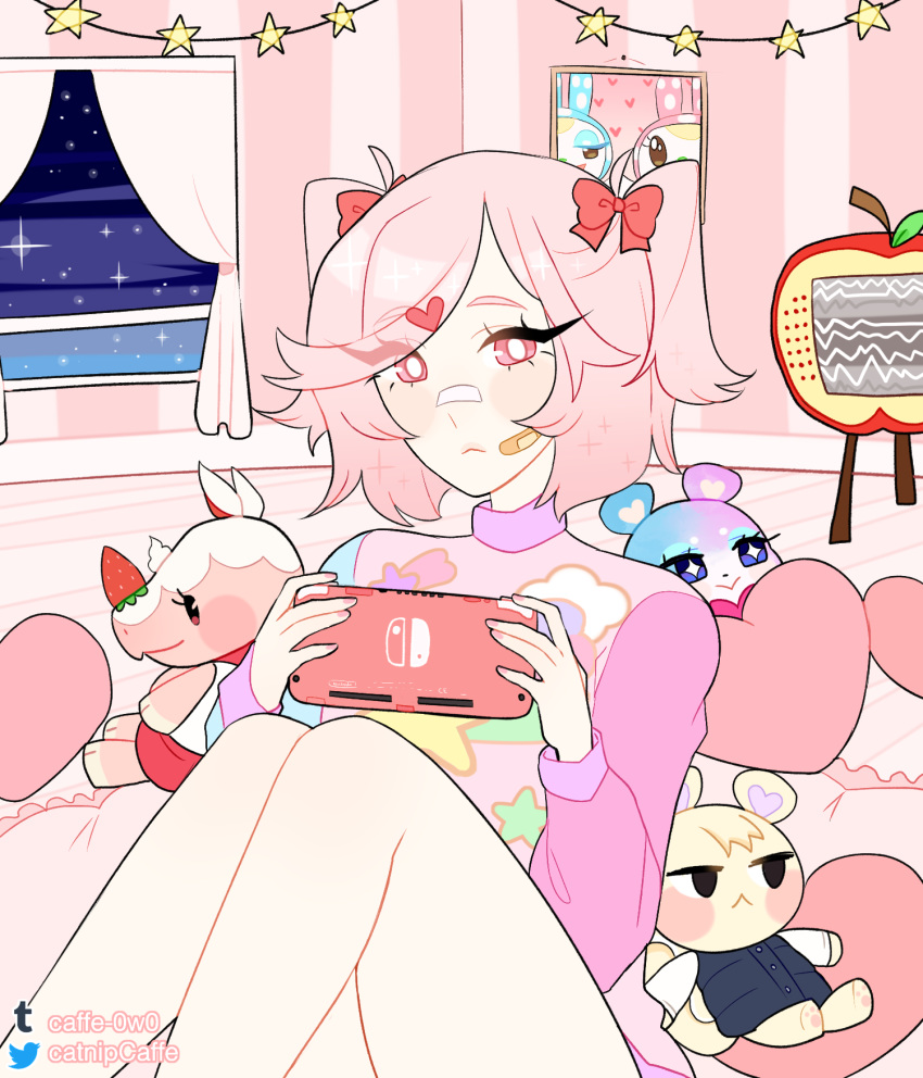 1girl, :<, alternate_costume, bandaid, bandaid_on_nose, bow, caffe0w0, casual
