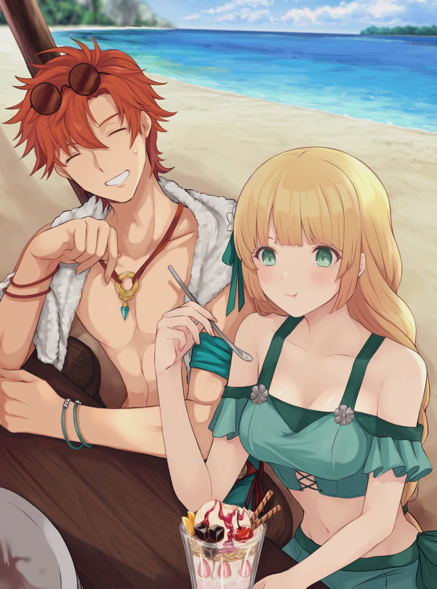 1boy, 1girl, beach, blonde_hair, blue_sky, closed_mouth, clouds, day
