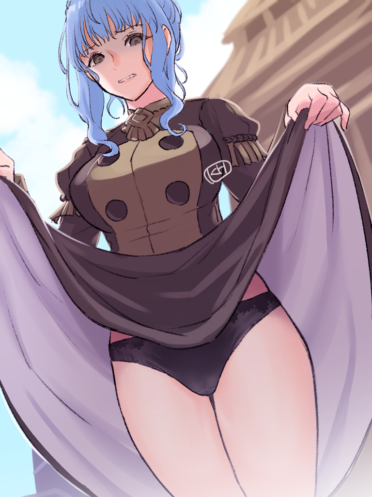 1girl, black_panties, blue_hair, blue_sky, brown_eyes, day, fire_emblem, fire_emblem:_three_houses
