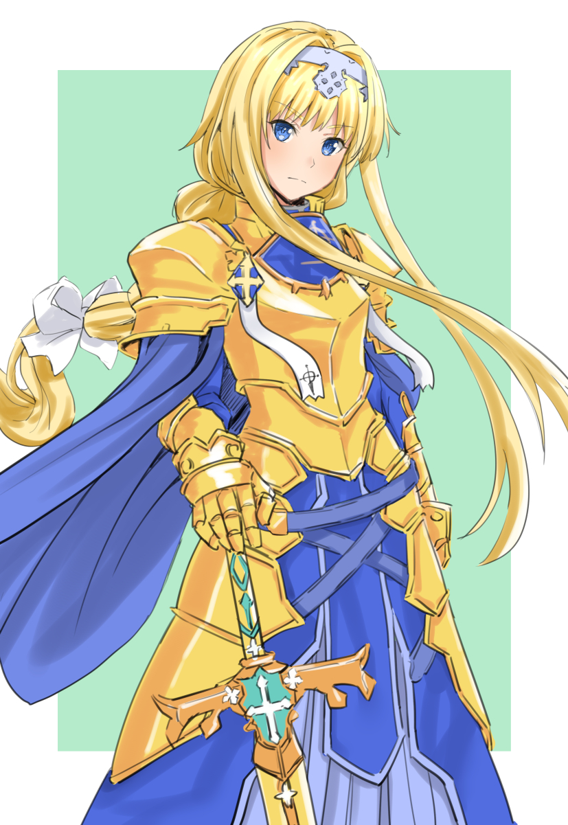 1girl, alice_schuberg, aqua_background, armor, armored_dress, bangs, blonde_hair, blue_cape