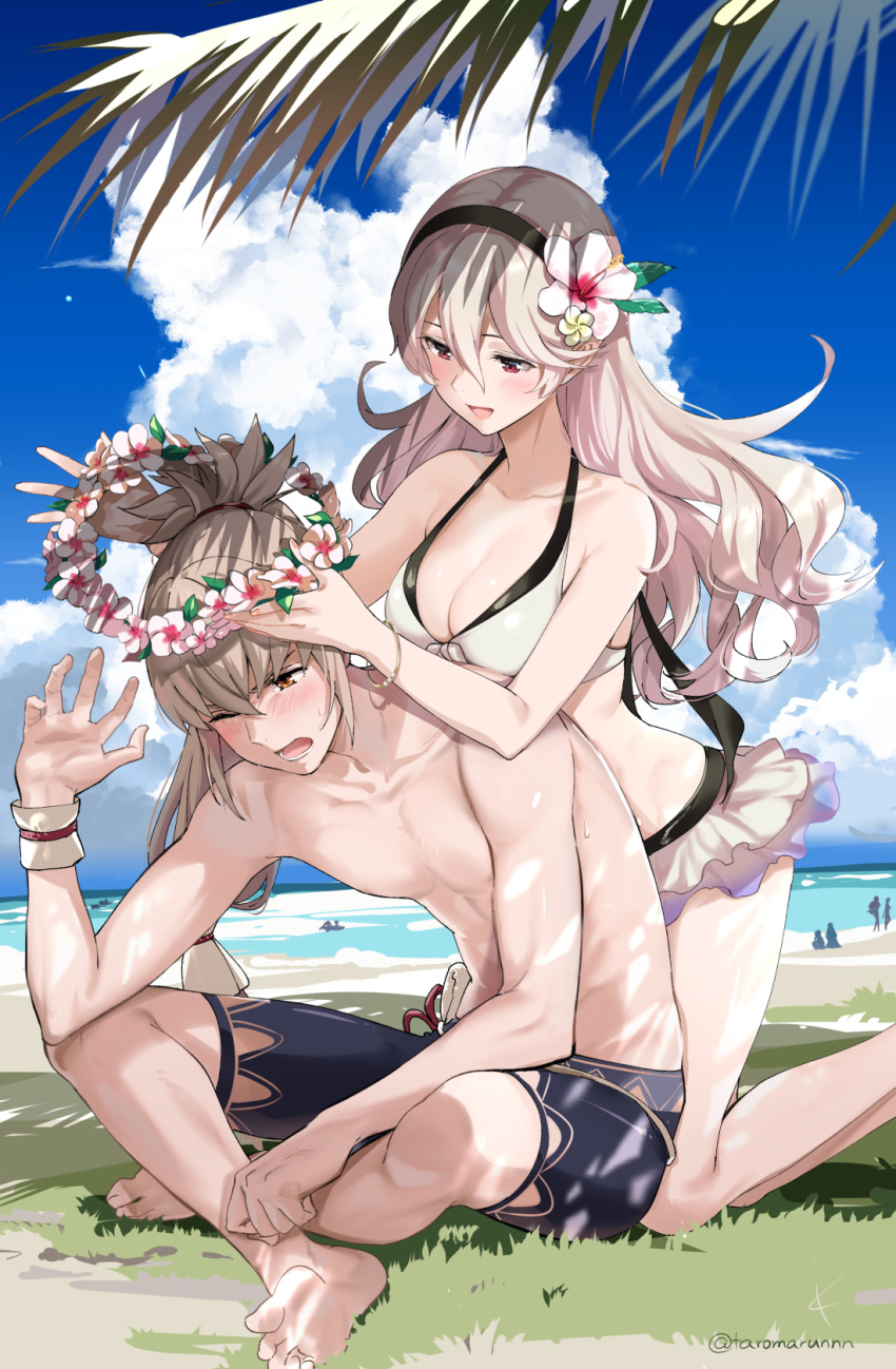 1boy, 1girl, beach, bikini, bikini_skirt, blonde_hair, blue_sky, blush