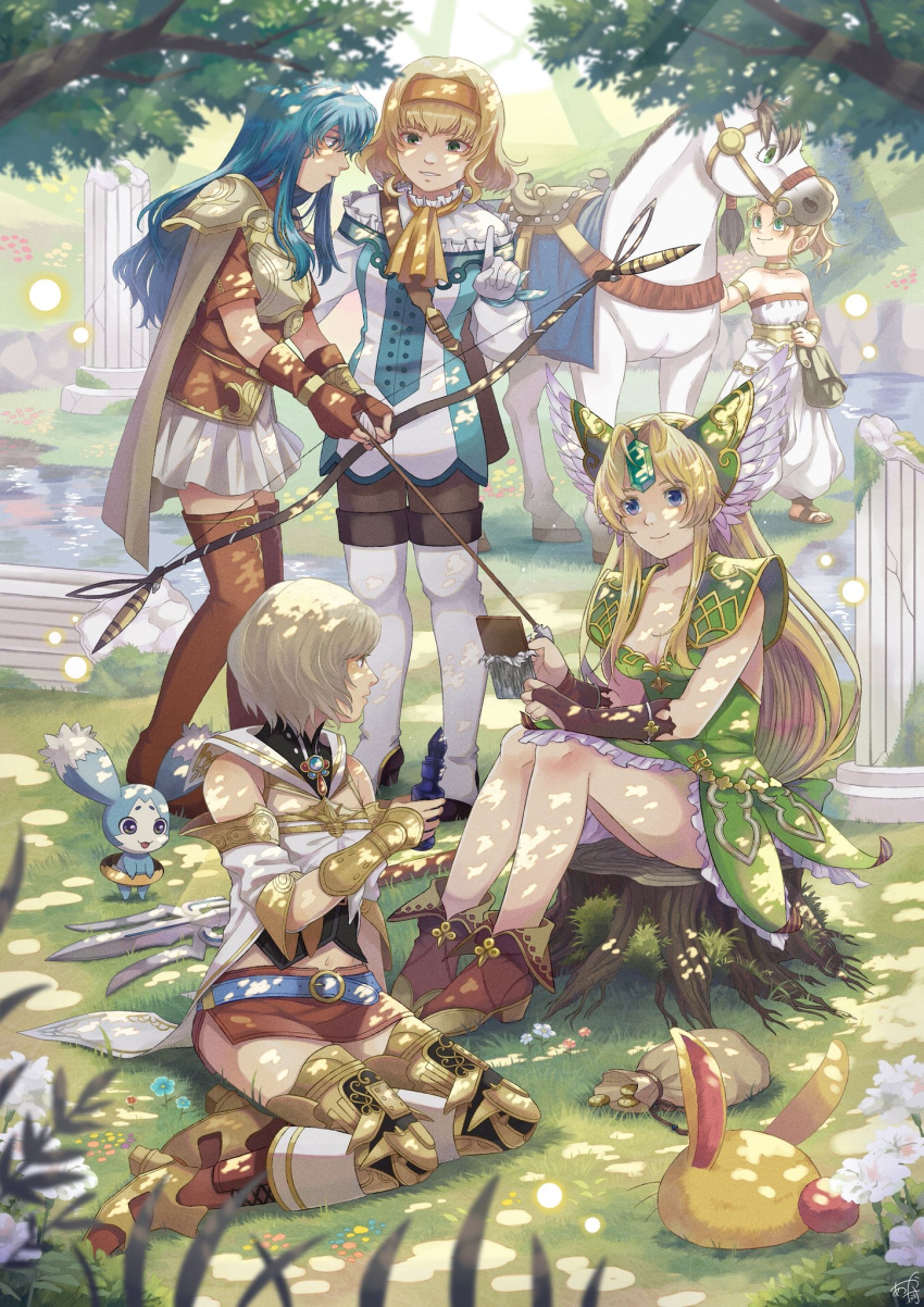 6+girls, alternate_form, angela_(seiken_densetsu_3), ashelia_b'nargin_dalmasca, blonde_hair, blue_hair, bow_(weapon), cape