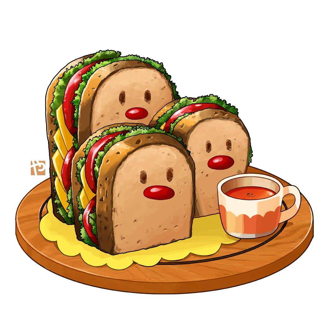 bread, cheese, cup, derivative_work, drink, dugtrio, english_commentary, food, gen_1_pokemon, lettuce, no_humans, pokemon, pokemon_(creature), pokemon_(game), pokemon_cafe_mix, sandwich, shiny, simple_background, studiolg, tea, teacup, tomato, tray, white_background