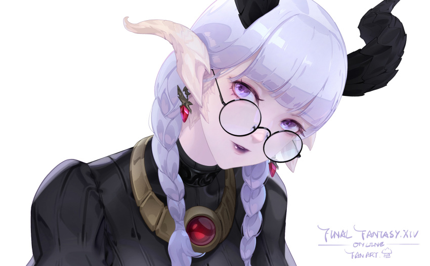1girl, au_ra, bangs, black-framed_eyewear, blunt_bangs, braid, copyright_name, demon_horns