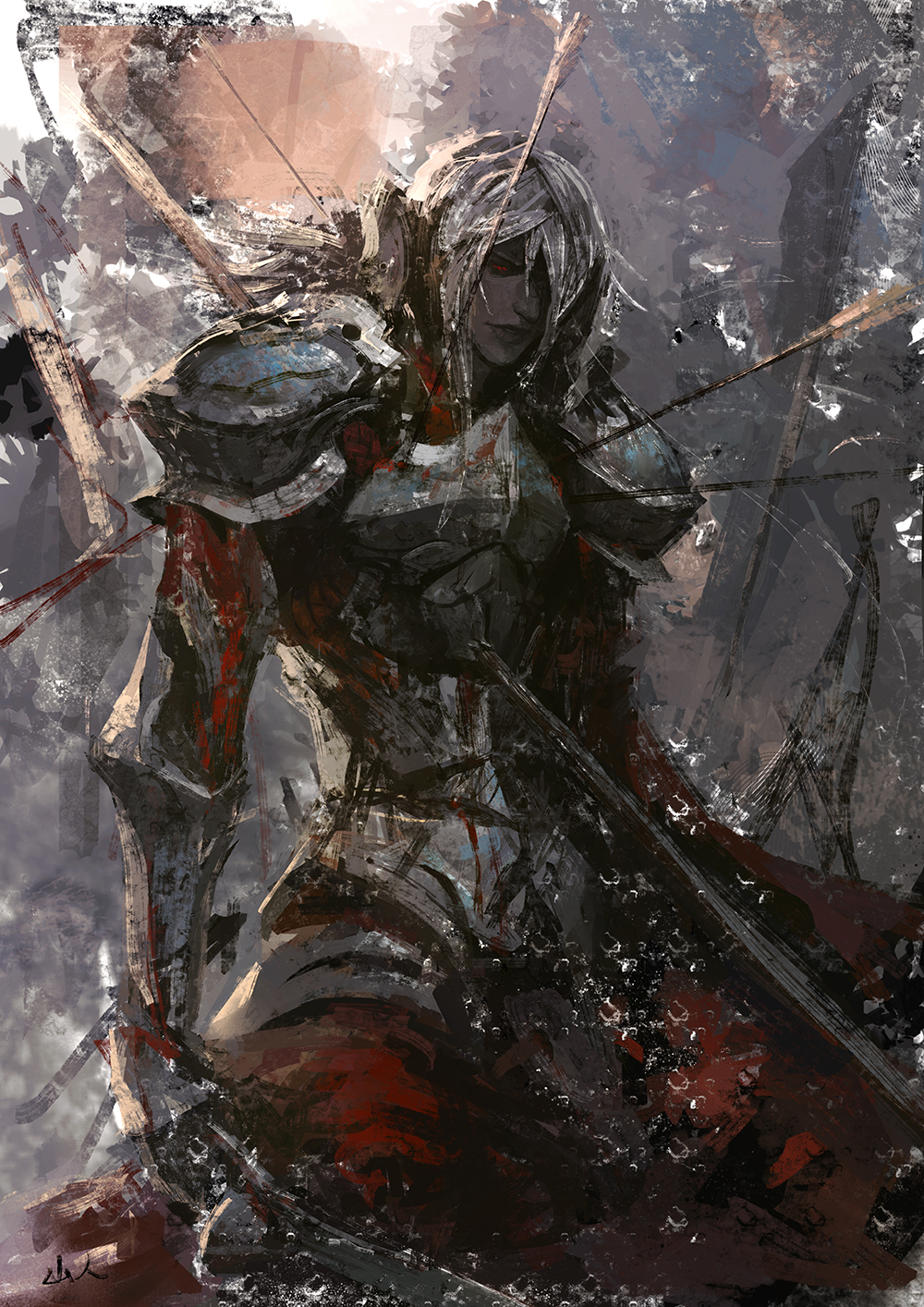 1boy, armor, arrow_(projectile), bleeding, blood, blood_on_arm, breastplate, dark_skin