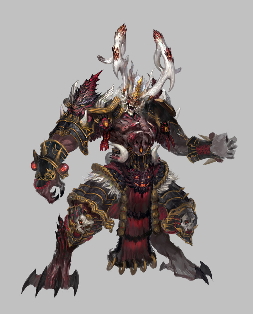 1boy, armor, bare_chest, belt, claws, crack, demon, extra_eyes