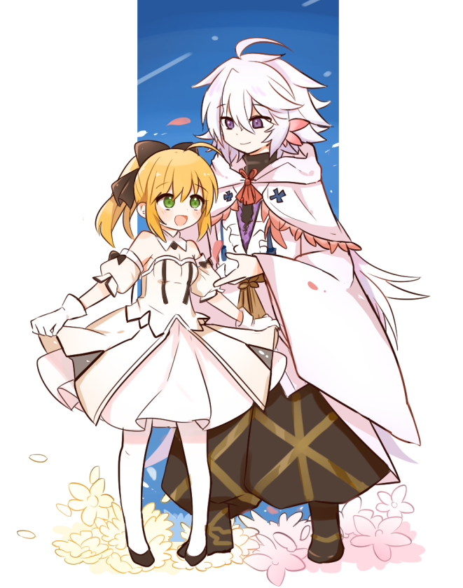 1boy, 1girl, ahoge, artoria_pendragon_(all), black_footwear, black_ribbon, blonde_hair, detached_collar