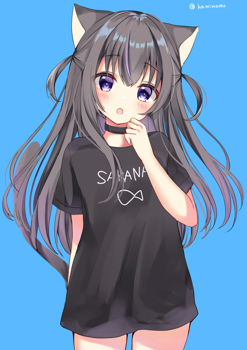 1girl, :o, animal_ears, black_hair, black_shirt, cat_ears, cat_tail, choker