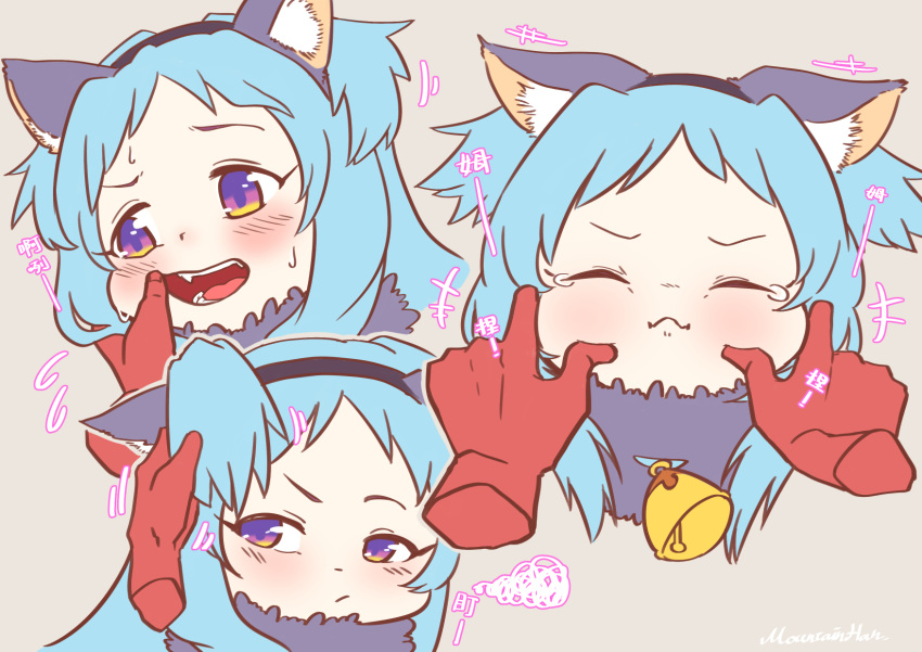 +++, 1girl, animal_ear_fluff, animal_ears, blue_hair, blush, bow, cheek_pinching