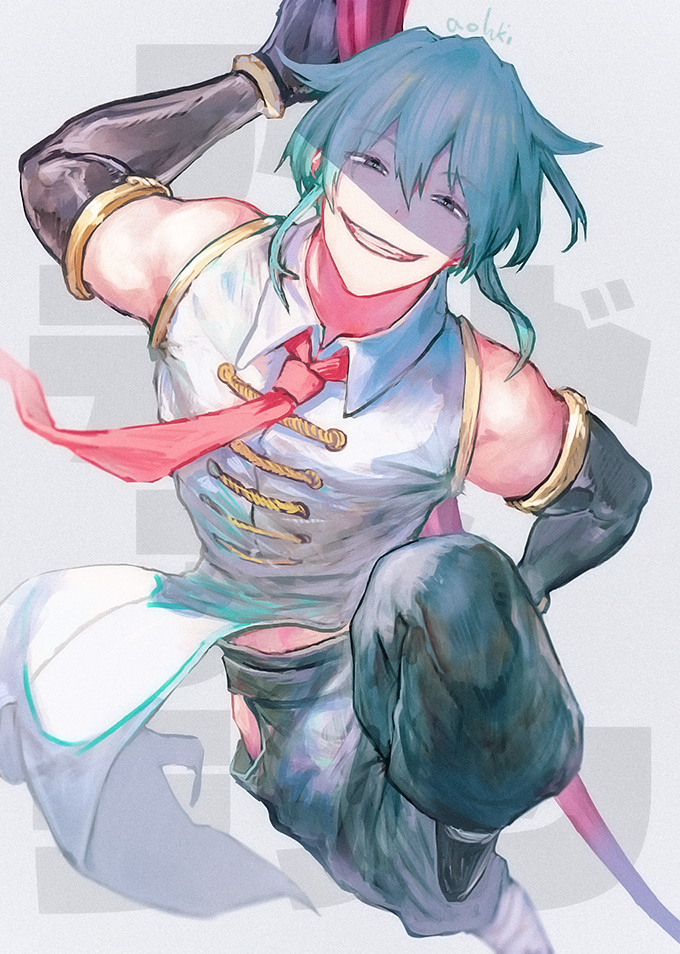 1boy, aqua_eyes, aqua_hair, bare_shoulders, black_gloves, chinese_clothes, elbow_gloves, eyebrows_visible_through_hair, gloves, grin, holding, holding_staff, holding_weapon, leg_up, male_focus, necktie, red_neckwear, shaded_face, shen_(undead_unluck), signature, smile, solo, staff, teeth, undead_unluck, waterstaring, weapon