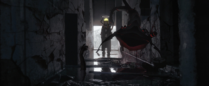 1girl, 1other, absurdres, asteroid_ill, blonde_hair, corpse, hands_in_pockets, highres