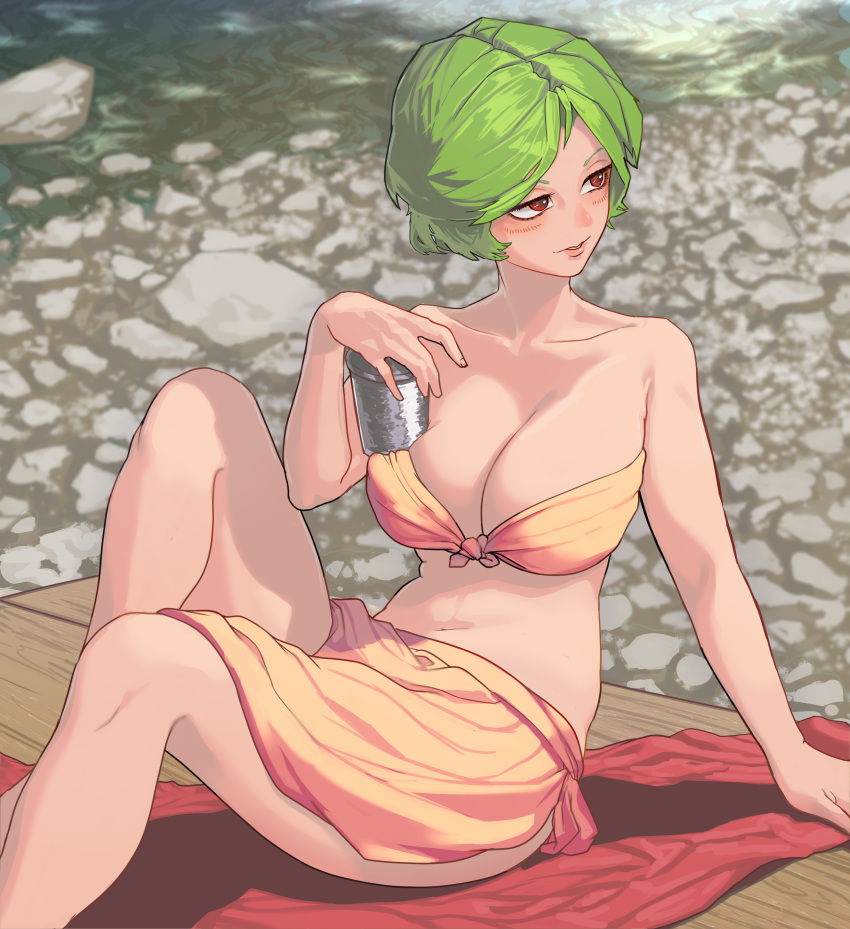 1girl, absurdres, alternate_costume, alternate_hairstyle, ballpoint_pen_(medium), bangs, bare_shoulders, blanket, blush, bob_cut, breasts, collarbone, commentary_request, cup, day, deep_skin, front-tie_top, green_hair, half-closed_eyes, highres, huge_breasts, kazami_yuuka, legs, lips, looking_afar, navel, orange_swimsuit, outdoors, parted_bangs, parted_lips, red_eyes, riverbank, rock, sarong, shiny, shiny_hair, short_hair, side_slit, sidelighting, sitting, skinnytorch, smile, solo, stomach, stream, swimsuit, thighs, touhou, traditional_media, water, wooden_table