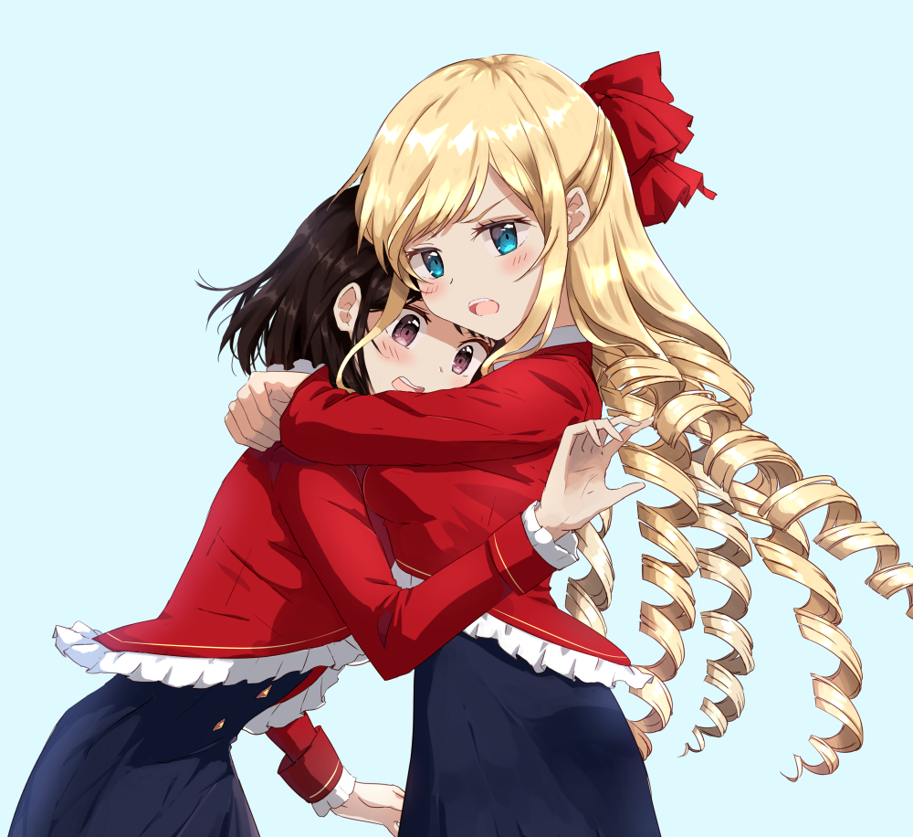 2girls, black_hair, blonde_hair, blue_eyes, blush, claire_francois, commentary_request, drill_hair