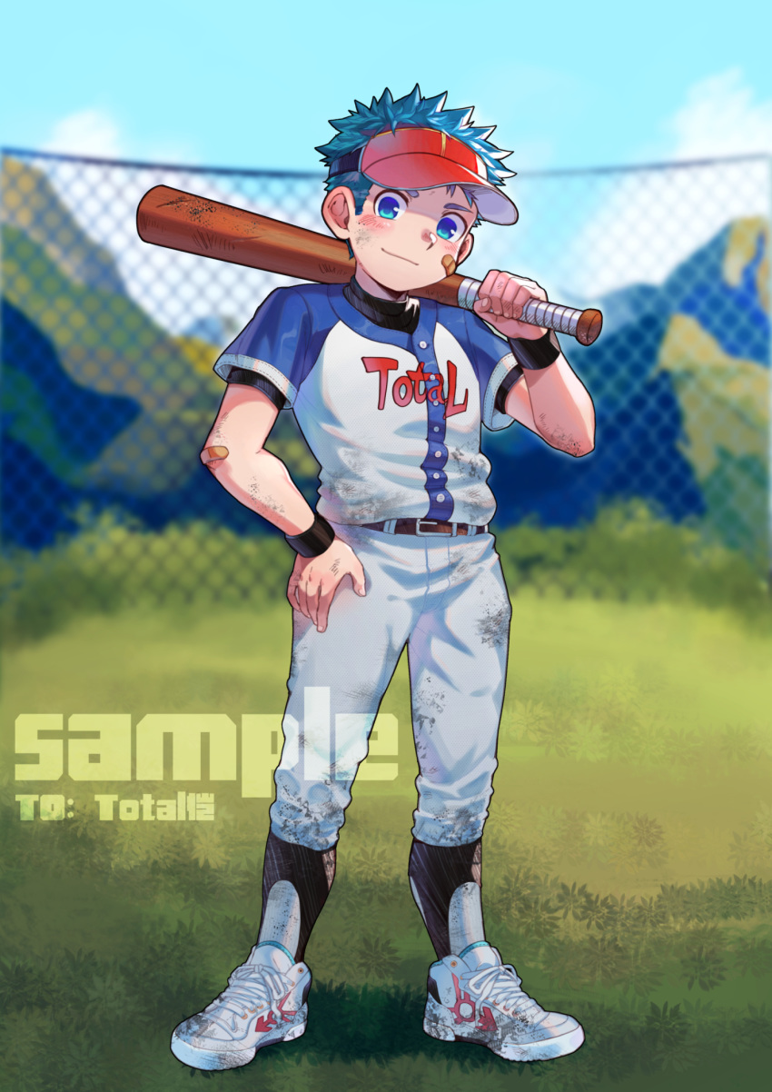 1boy, bandage_on_face, bandages, baseball, baseball_bat, baseball_jersey, baseball_uniform, blue_eyes
