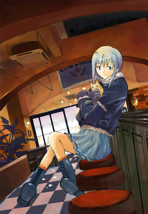 blue_eyes, blue_hair, boots, cat, gloves, kura, school_uniform, schoolgirl