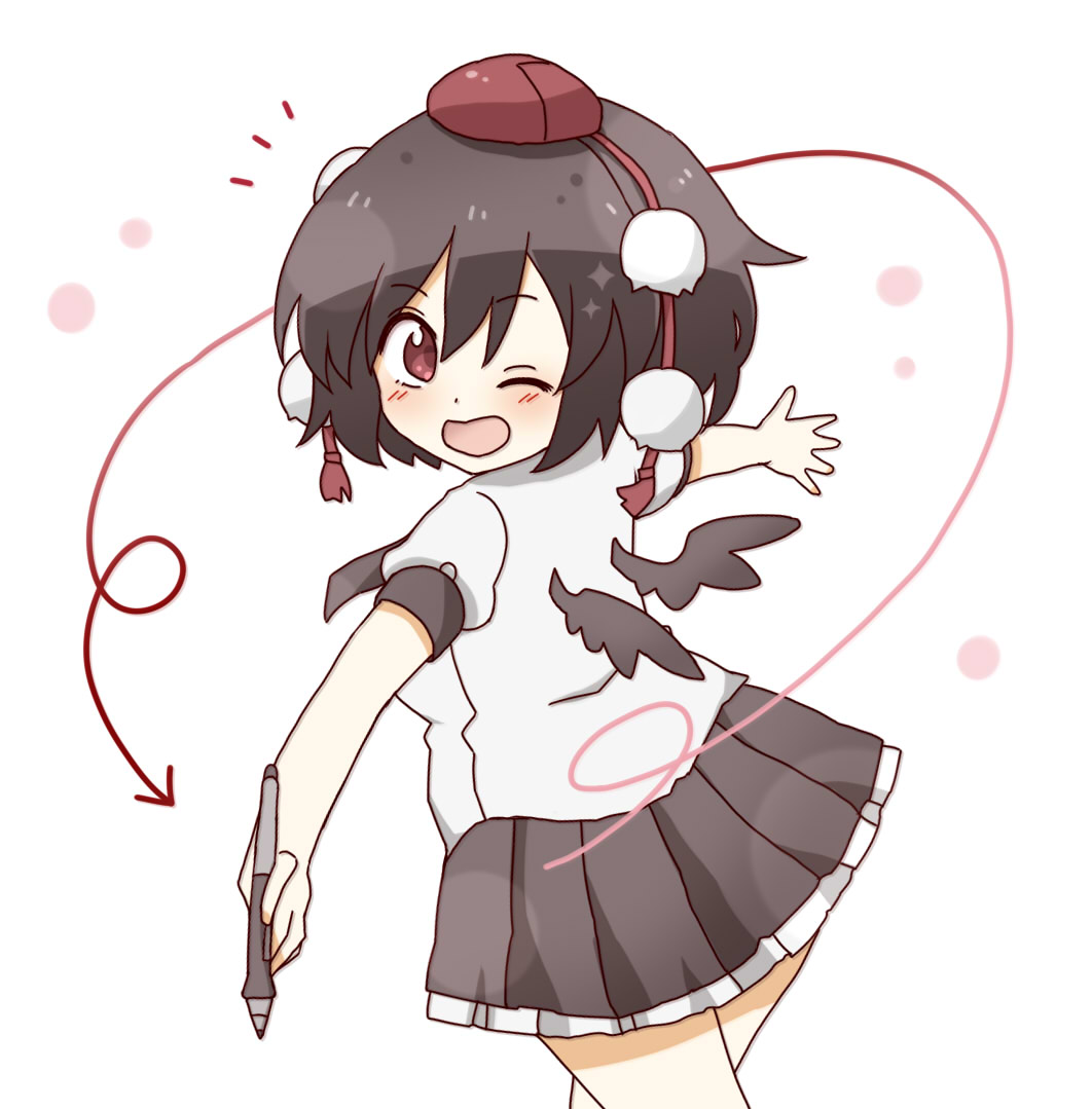 1girl, ;d, arrow_(symbol), bangs, black_hair, black_neckwear, black_skirt, black_wings