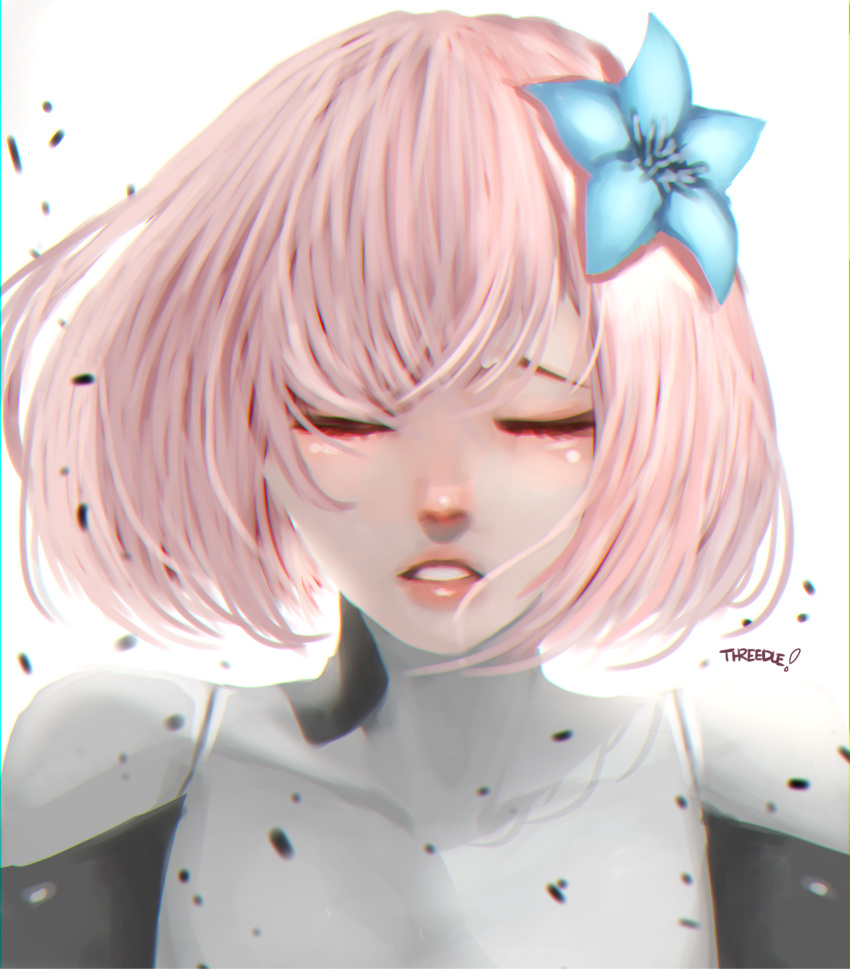 1girl, absurdres, artist_name, bangs, blue_flower, close-up, closed_eyes, cytus