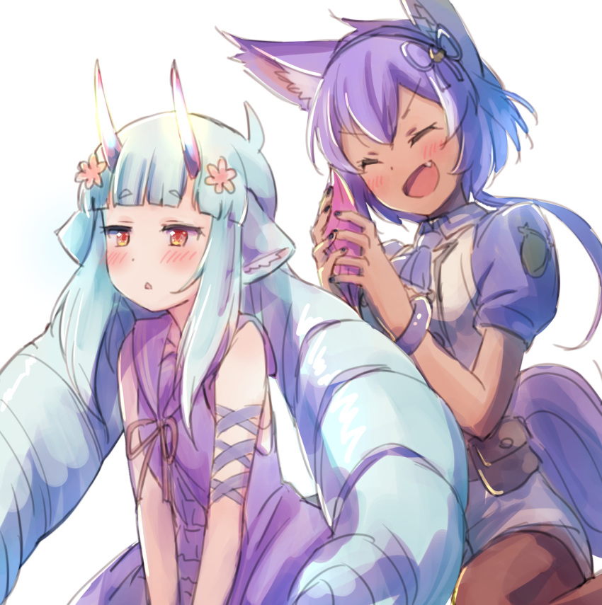 2girls, :d, ^_^, animal_ear_fluff, animal_ears, bangs, blue_hair, blue_hairband