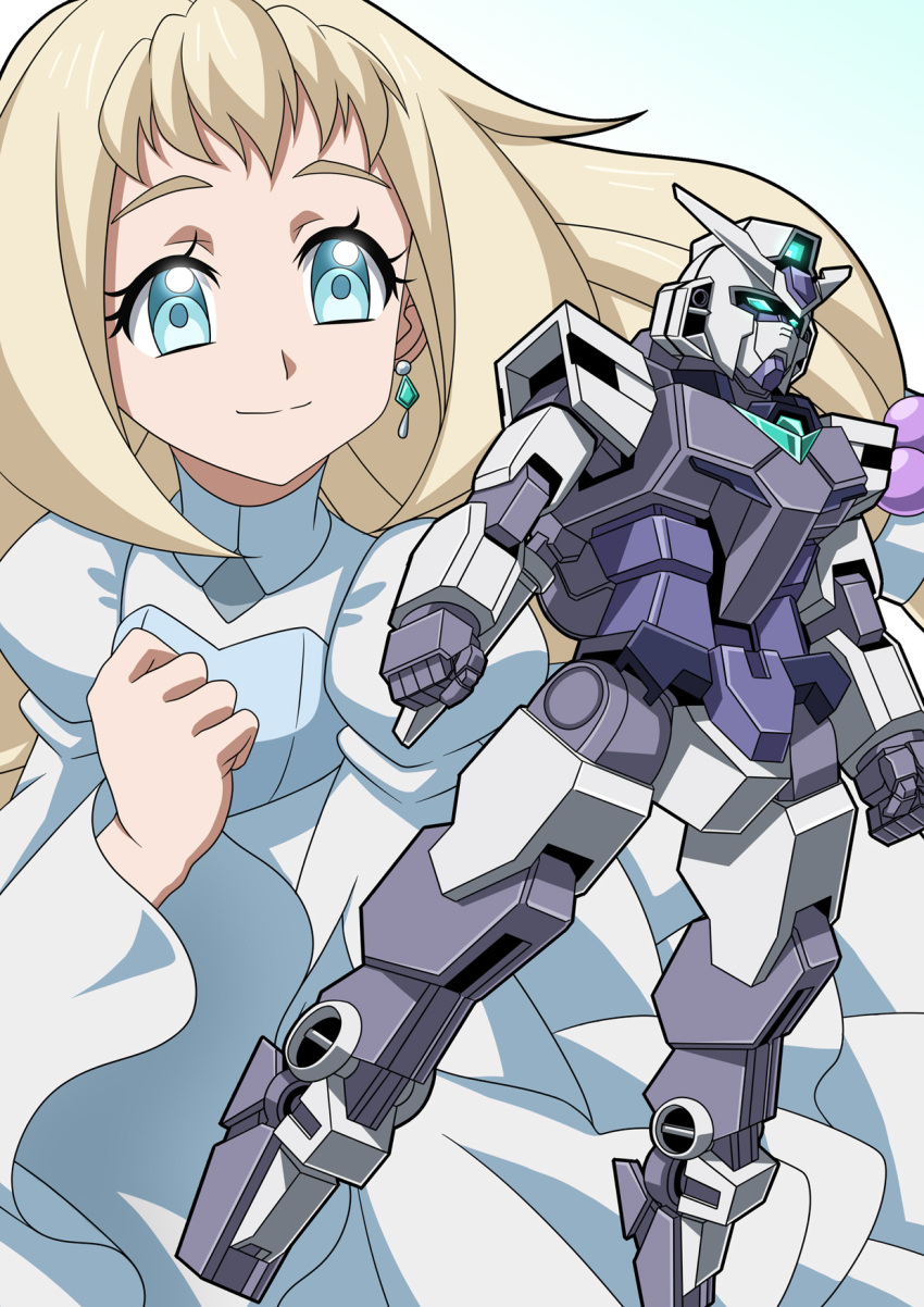 1girl, aqua_eyes, blonde_hair, blue_eyes, clenched_hands, core_gundam, dress, earrings, eve_(gundam_build_divers_re:rise), floating, gundam, gundam_build_divers, gundam_build_divers_re:rise, gunpla, highres, jewelry, mecha, smile, v-fin, watasi, white_dress