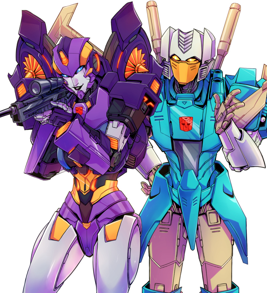 1boy, 1girl, aiming, autobot, blue_eyes, brainstorm, commission, dataglitch