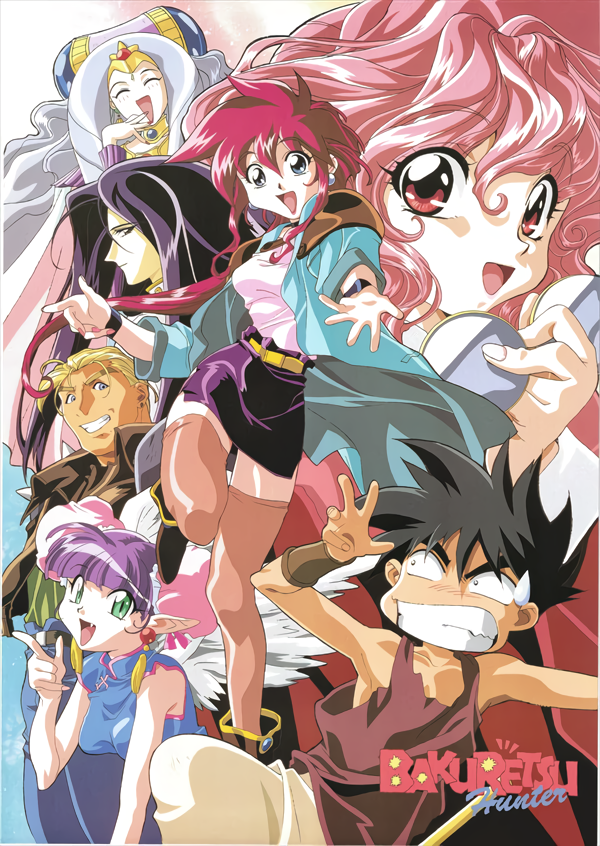 1990s_(style), 3boys, 4girls, bakuretsu_hunters, bangs, black_hair, black_skirt, blonde_hair