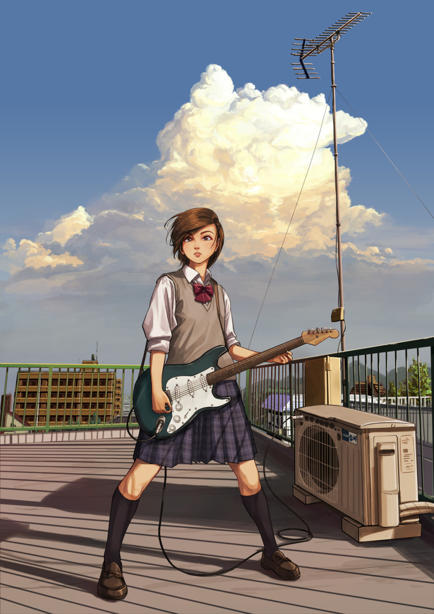 1girl, absurdres, antenna_mast, bangs, black_legwear, bow, brown_eyes, brown_footwear