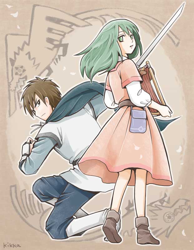 1boy, 1girl, artist_name, bracer, brown_background, brown_eyes, brown_footwear, brown_hair, cape, dress, erin, green_eyes, green_hair, harp, holding, holding_sword, holding_weapon, ia-lu, instrument, kemono_no_souja_erin, kikka_(kikkatenten), long_hair, looking_back, pants, pink_dress, pouch, standing, sword, weapon, white_legwear