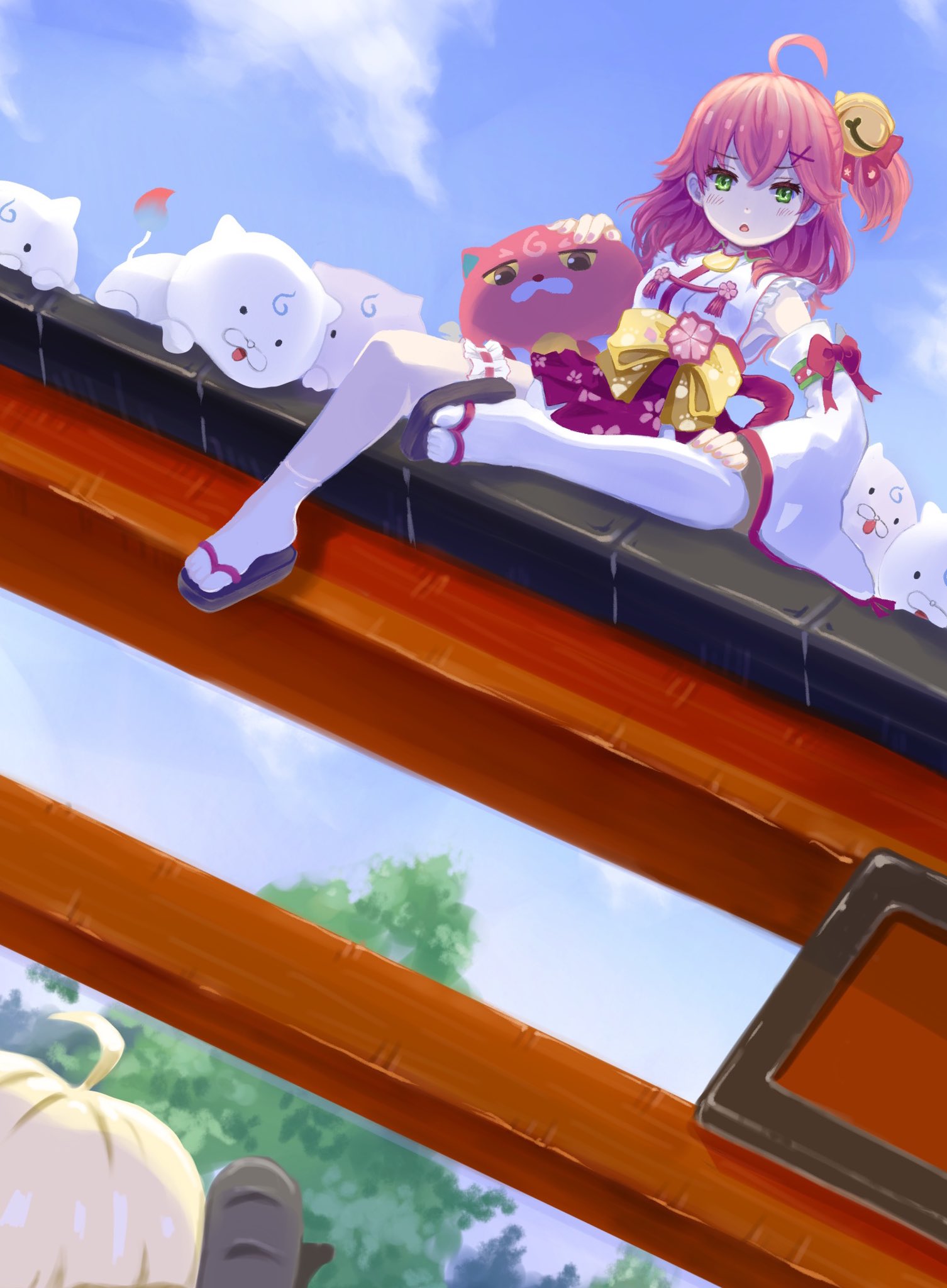 2girls, 35p_(miko_channel), ahoge, blonde_hair, blue_sky, blush, cat, cherry_blossom_print