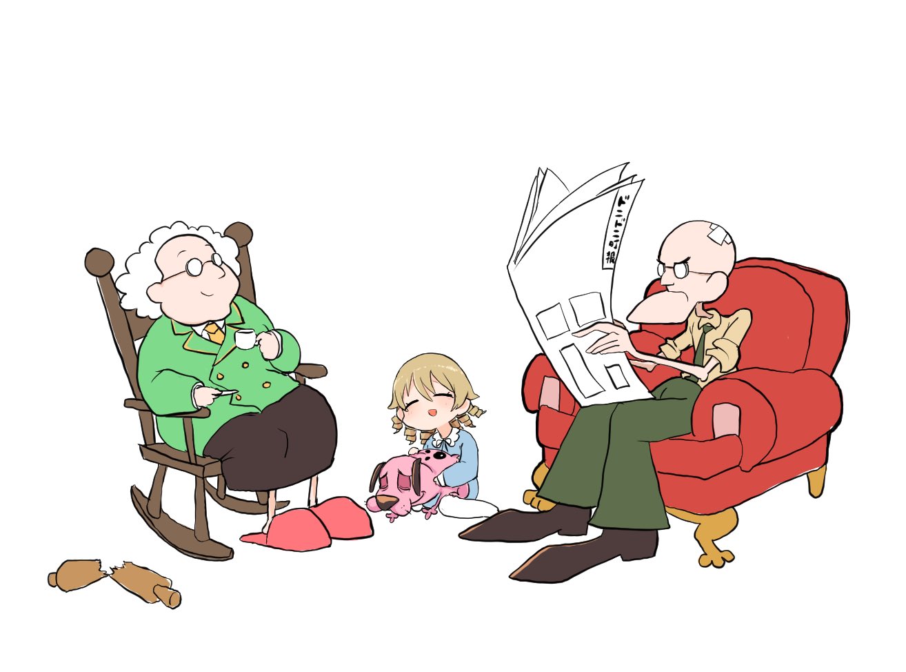 1boy, 2girls, bald, bandaid, beige_shirt, blonde_hair, chair, cosplay
