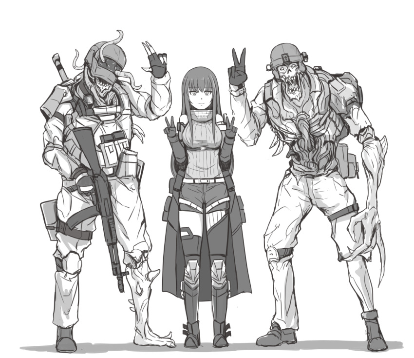 1girl, 2boys, cellphone, commentary_request, elid_(girls_frontline), eyebrows_visible_through_hair, eyes_visible_through_hair, girls_frontline