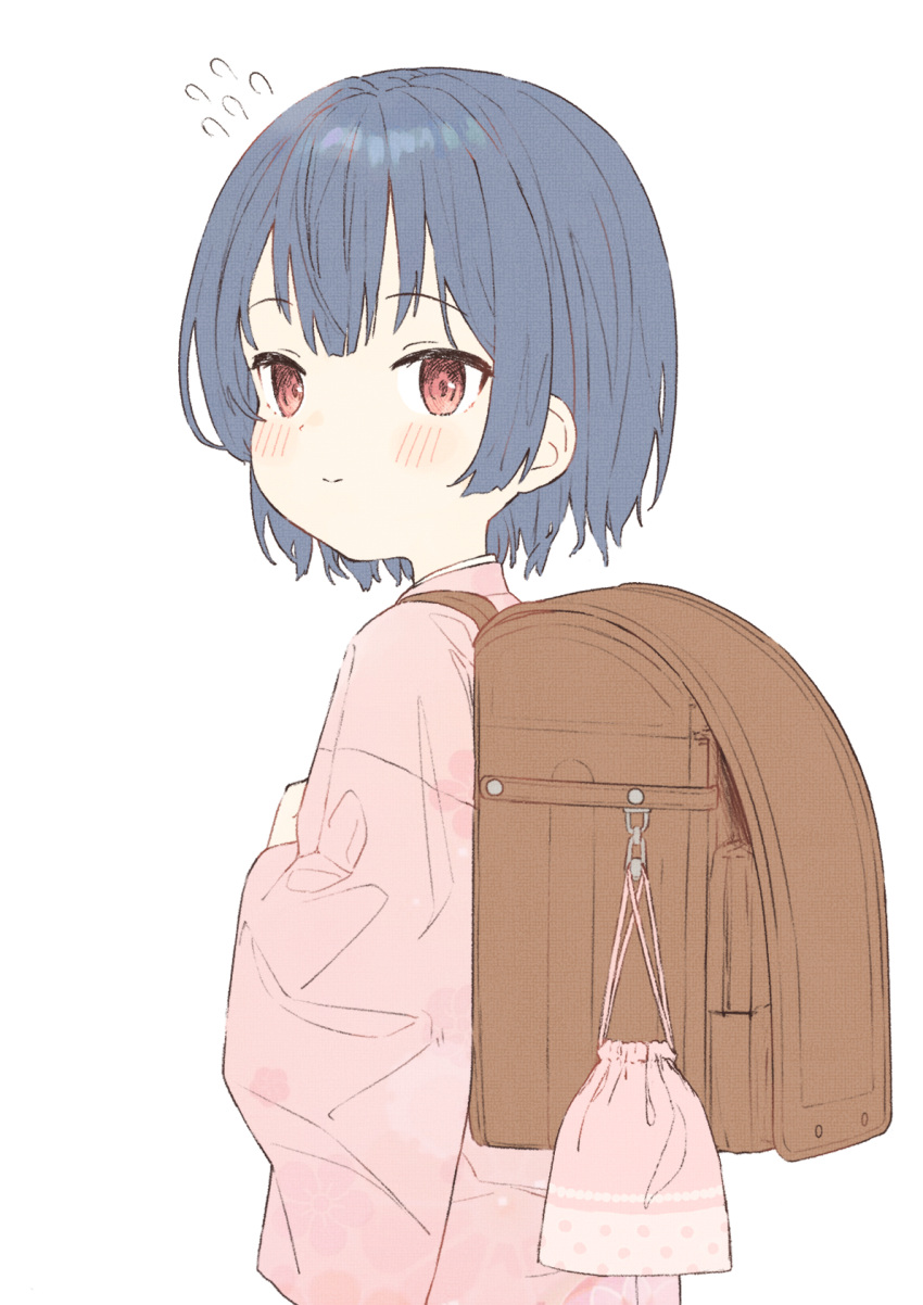 1girl, backpack, bag, bangs, blue_hair, blush, closed_mouth, flying_sweatdrops