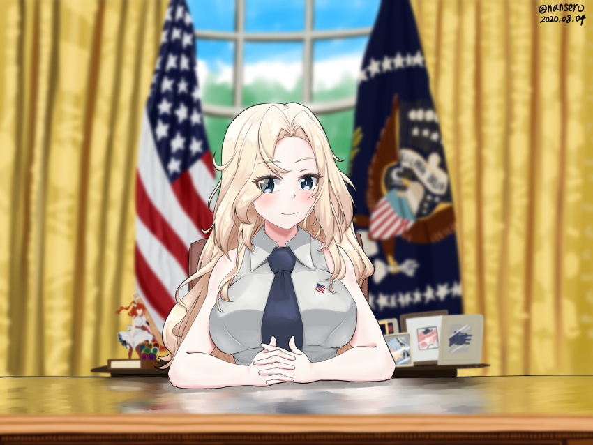 1girl, absurdres, american_flag, artist_request, atlanta_(kantai_collection), bird, black_neckwear, blonde_hair