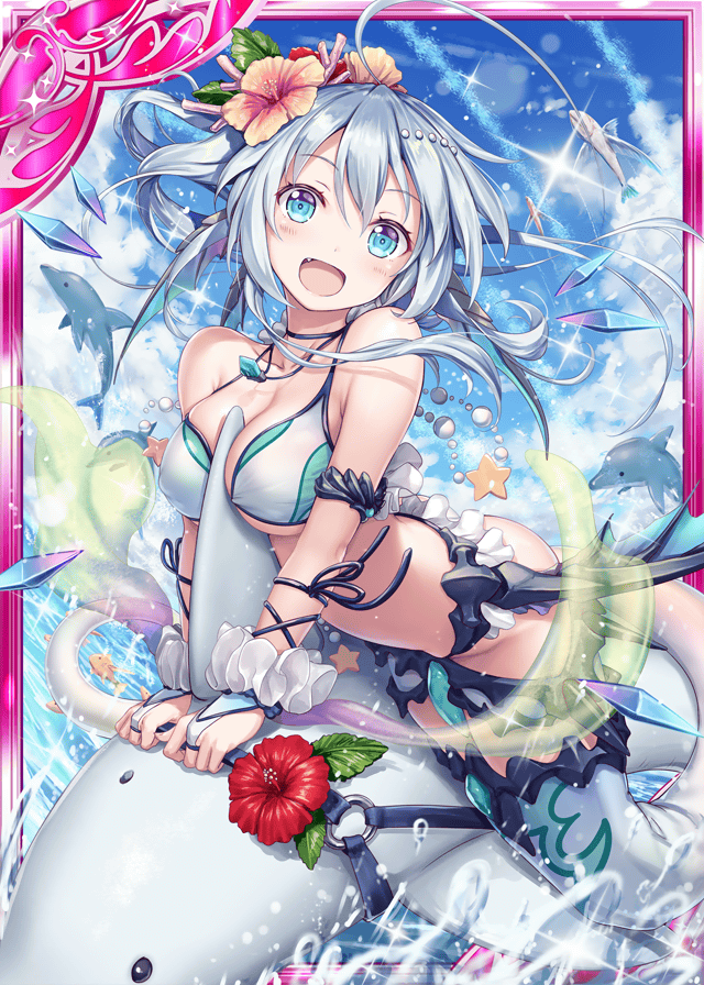 1girl, akkijin, bikini, blowhole, blue_eyes, blue_hair, blue_sky, breasts